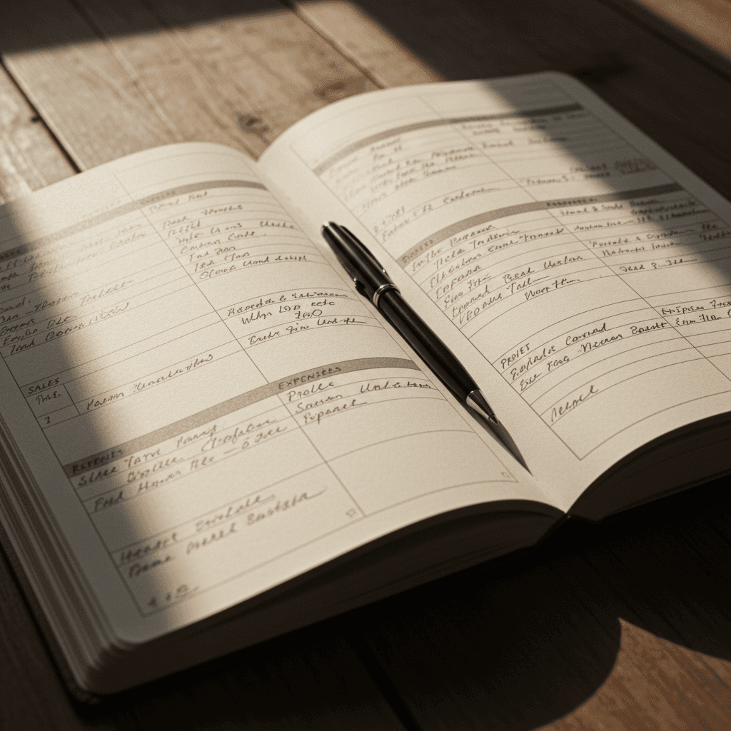 Open hardbound sales journal with handwritten notes and columns on a wooden desk