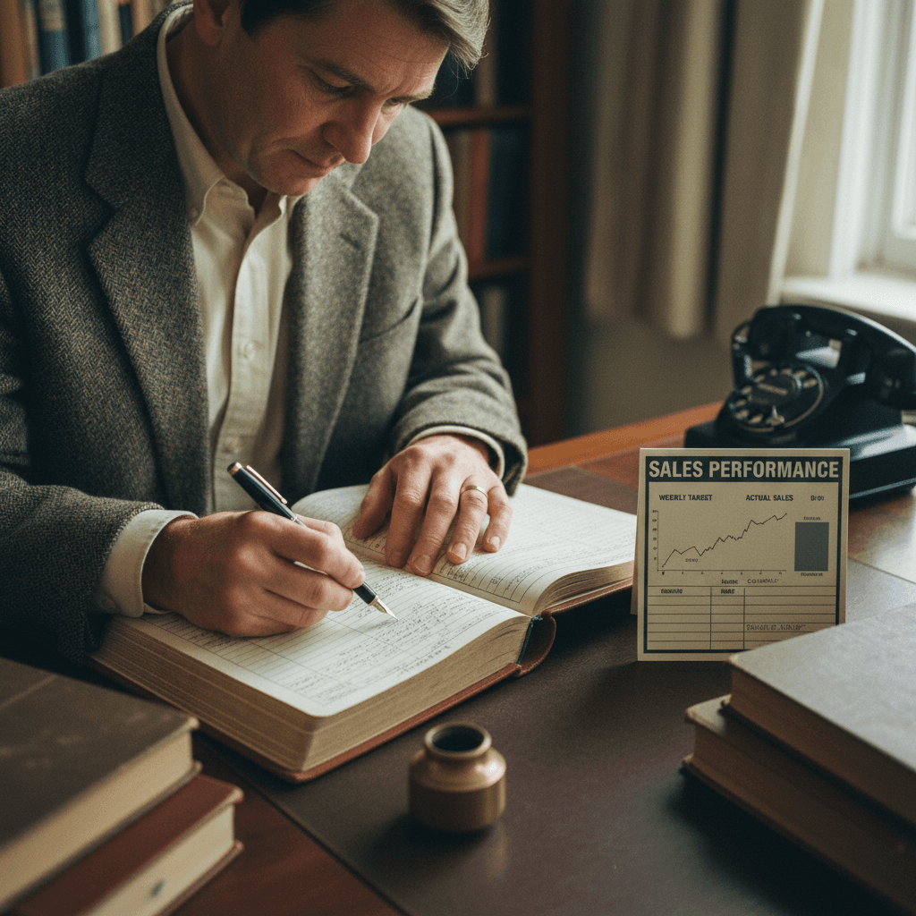 Salesperson writing notes in a sales journal with a performance card nearby