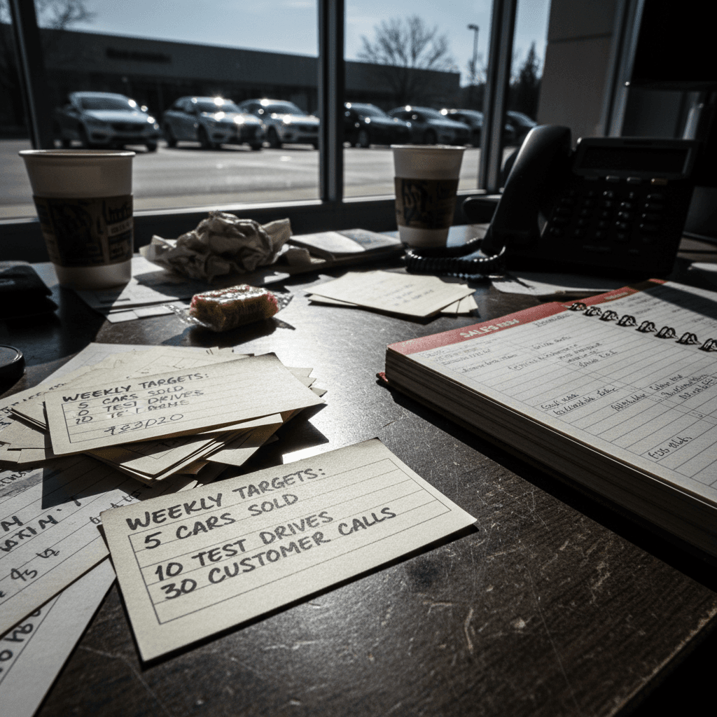 Performance cards and a sales journal on a dealership desk with handwritten targets