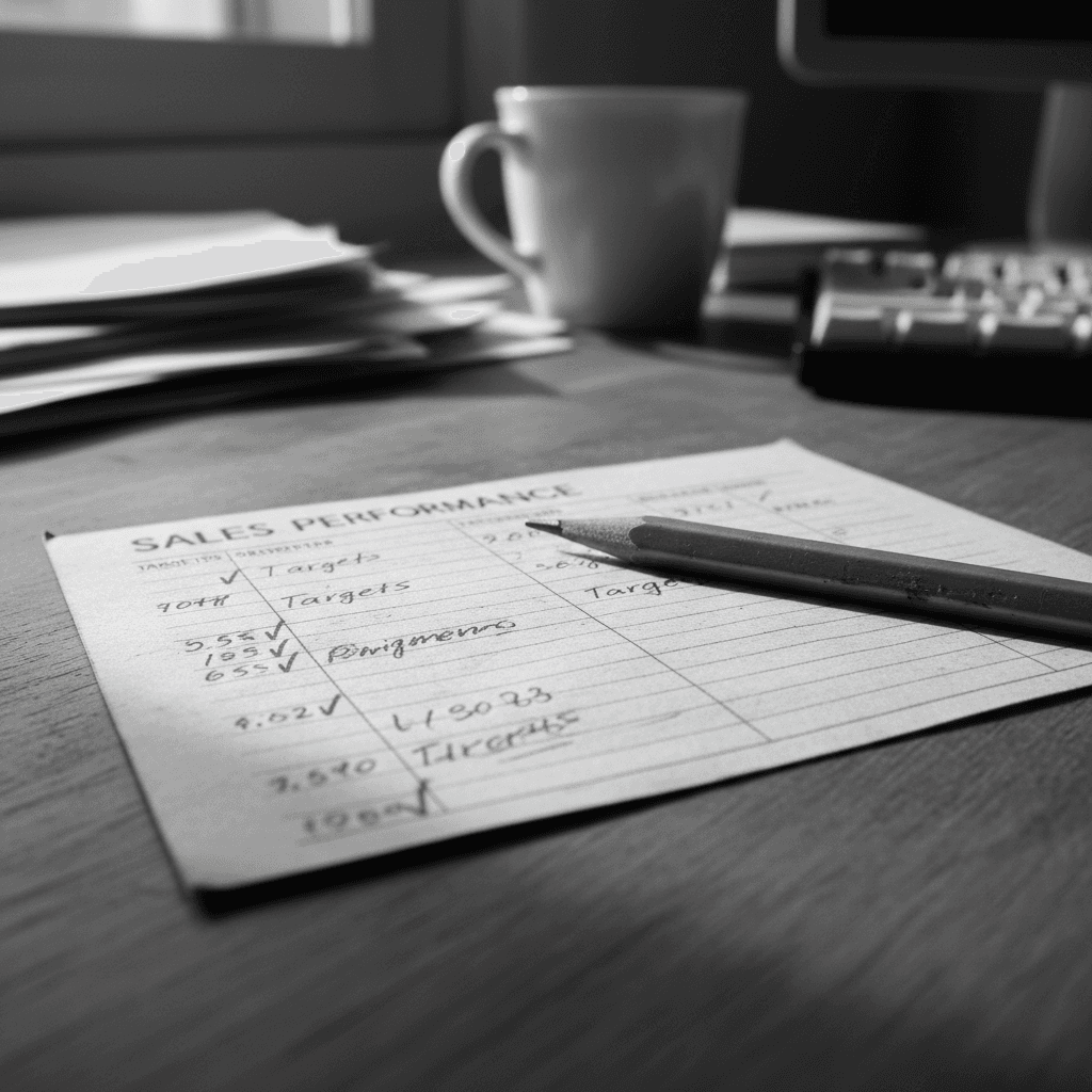 A sales performance card on a cluttered desk with a pencil nearby