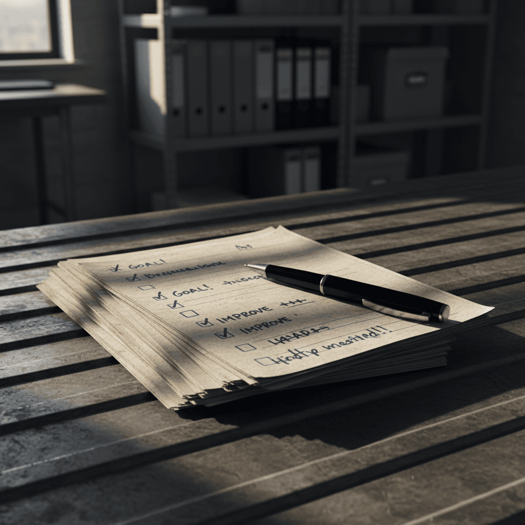 Stack of RESET 90 performance cards on a desk with pen resting on top