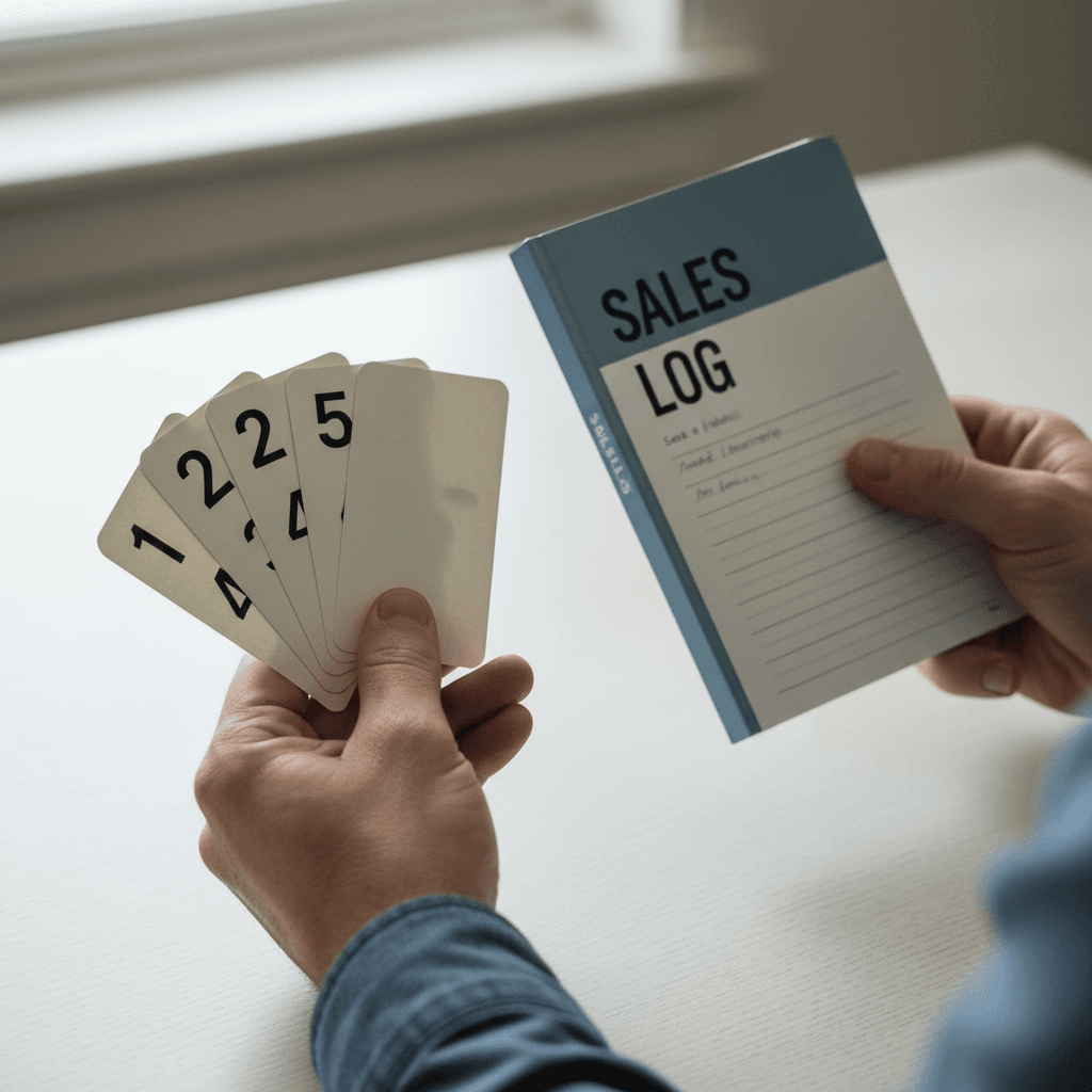Hands holding performance cards and a sales journal on a desk