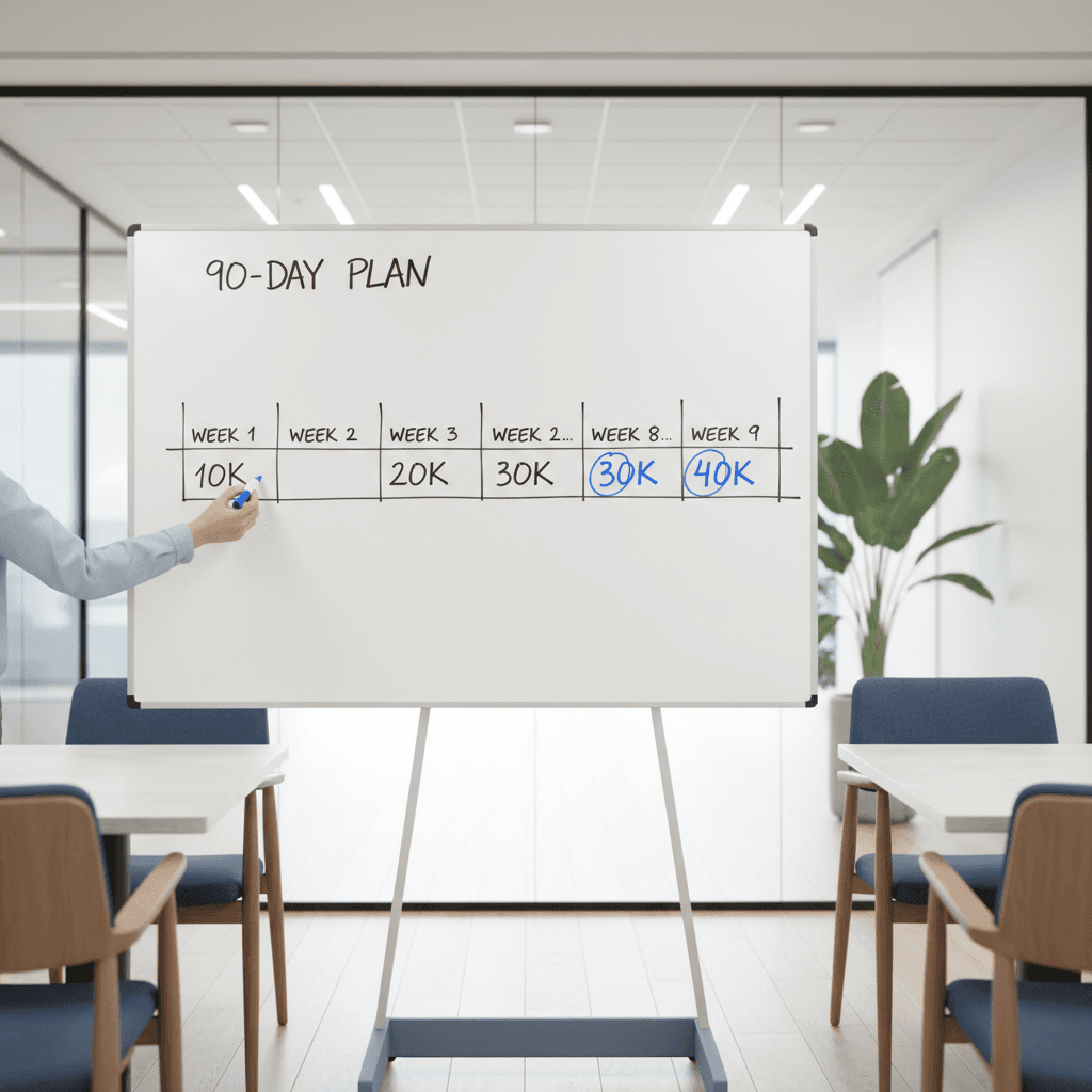 Whiteboard showing a 90-day sales programme timeline with weekly targets