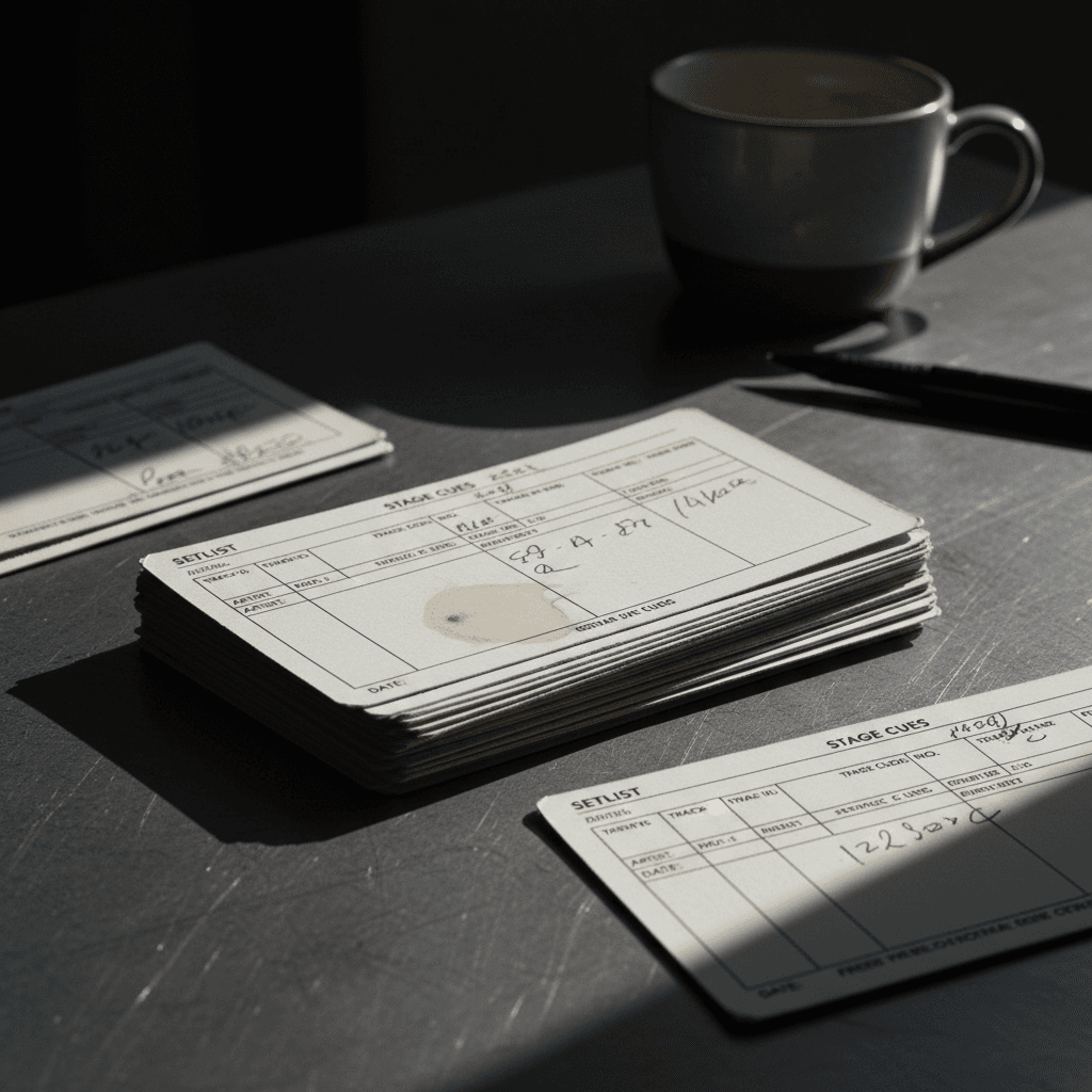 Stack of printed performance cards on a metal desk