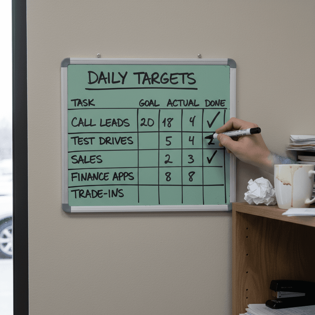 Whiteboard with daily sales targets grid in a dealership back office