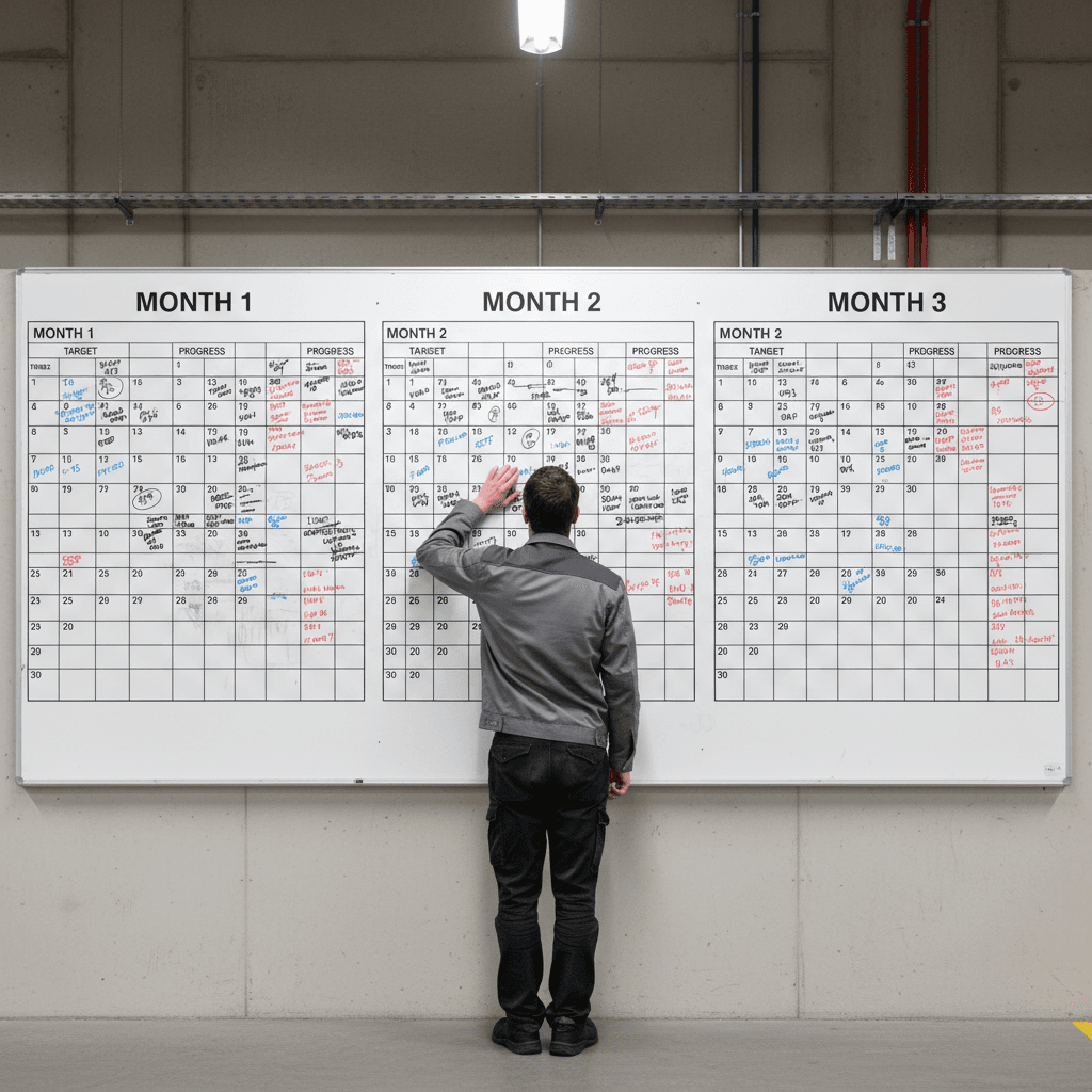 Whiteboard divided into 30-day sections with targets and progress markers