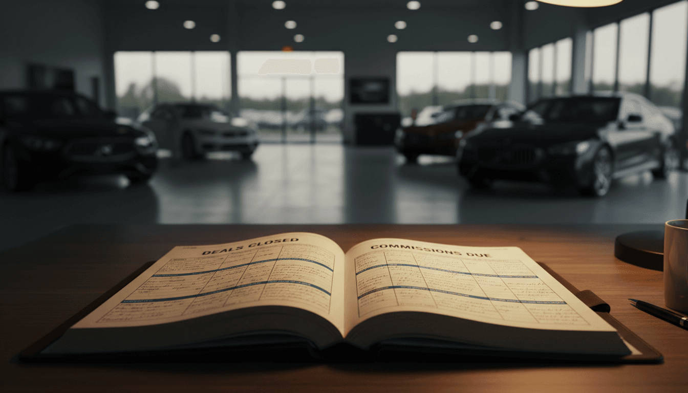 An open sales journal on a dealership office desk