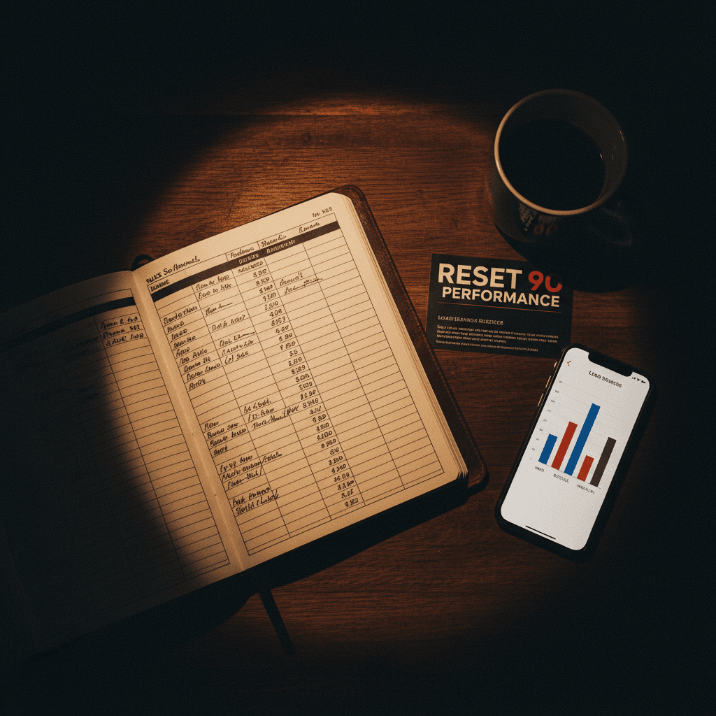 Sales journal and performance card on a desk with a smartphone showing a bar chart