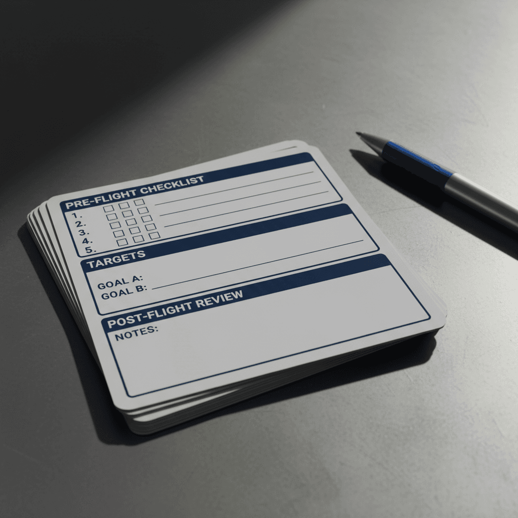 Stack of laminated performance cards with checklists and target fields on a metal desk