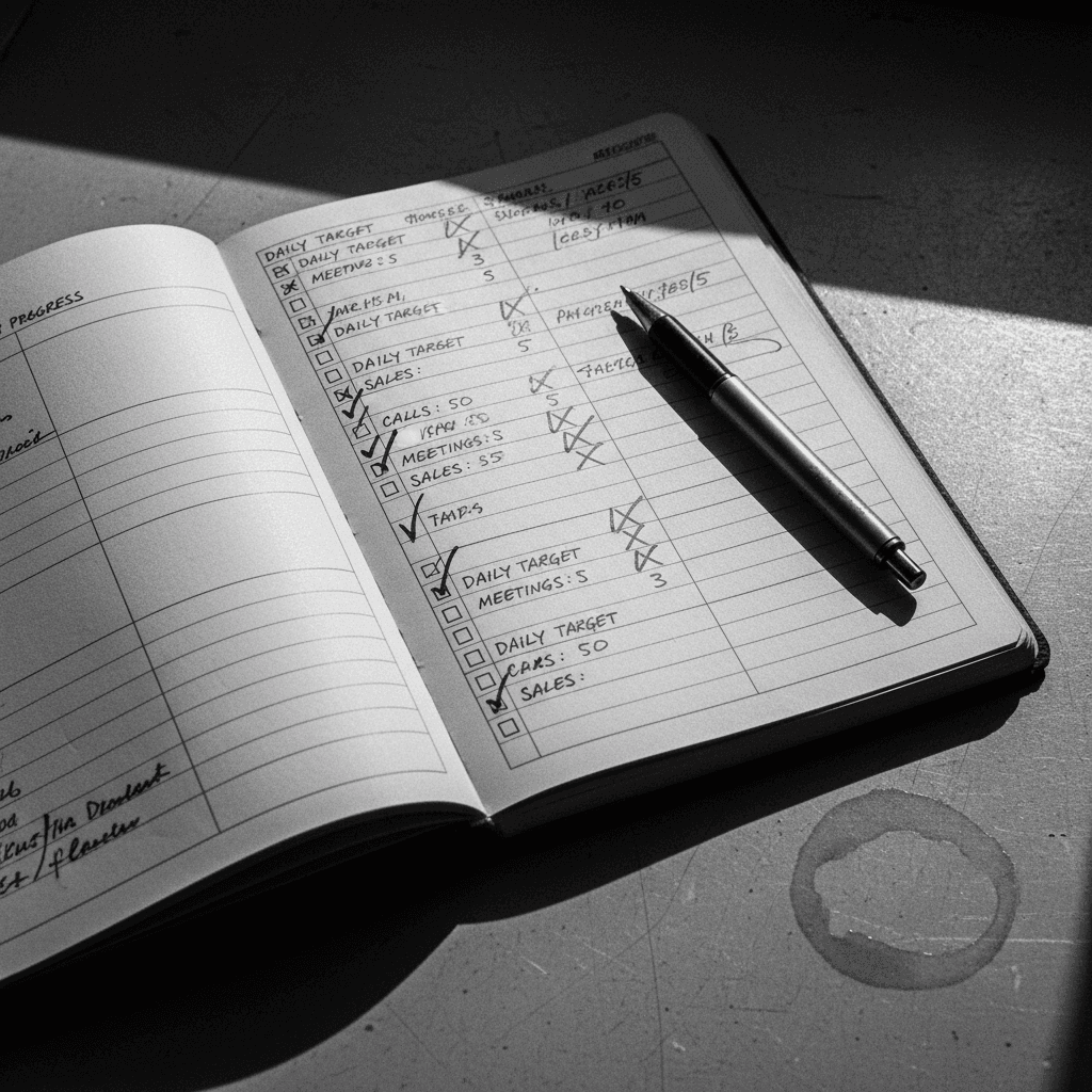 Open sales journal with handwritten daily targets and checkmarks on a desk