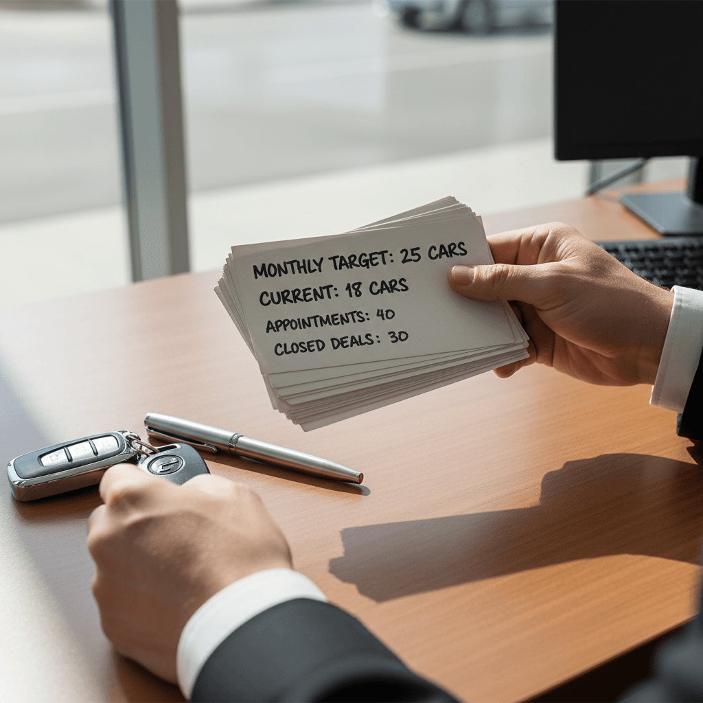 Hands holding performance cards with targets on a dealership desk