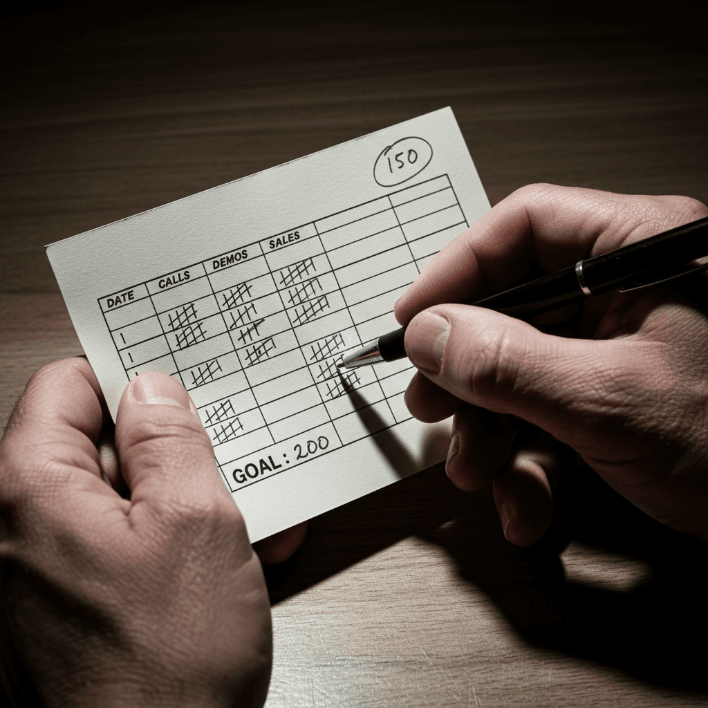 Hands holding a performance card with handwritten marks