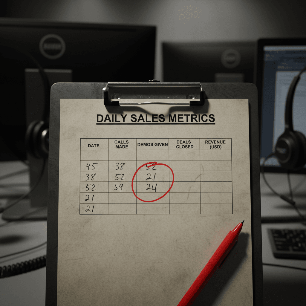 Clipboard with daily sales tracking sheet and a red pen marking a low number
