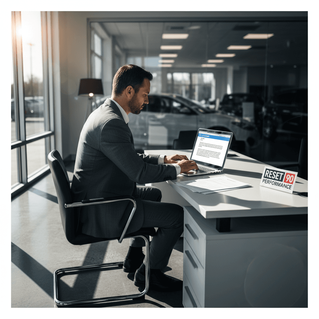 Salesperson writing a personalised email in a dealership office