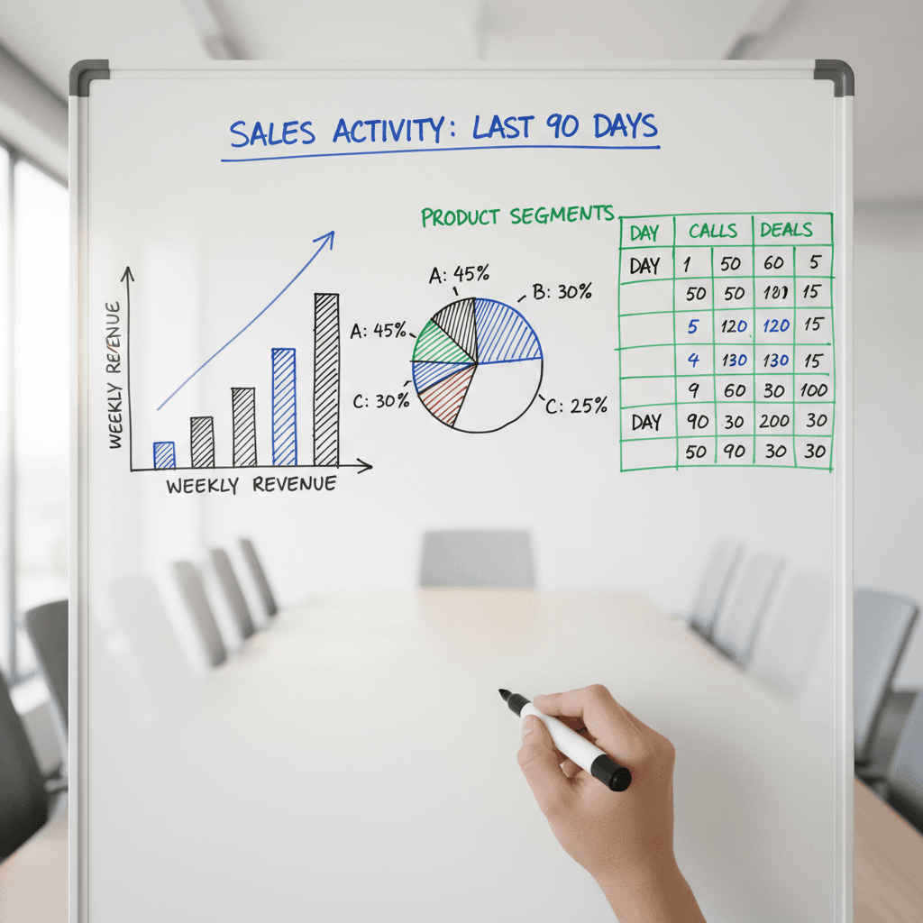 Whiteboard showing tracked sales activity over 90 days