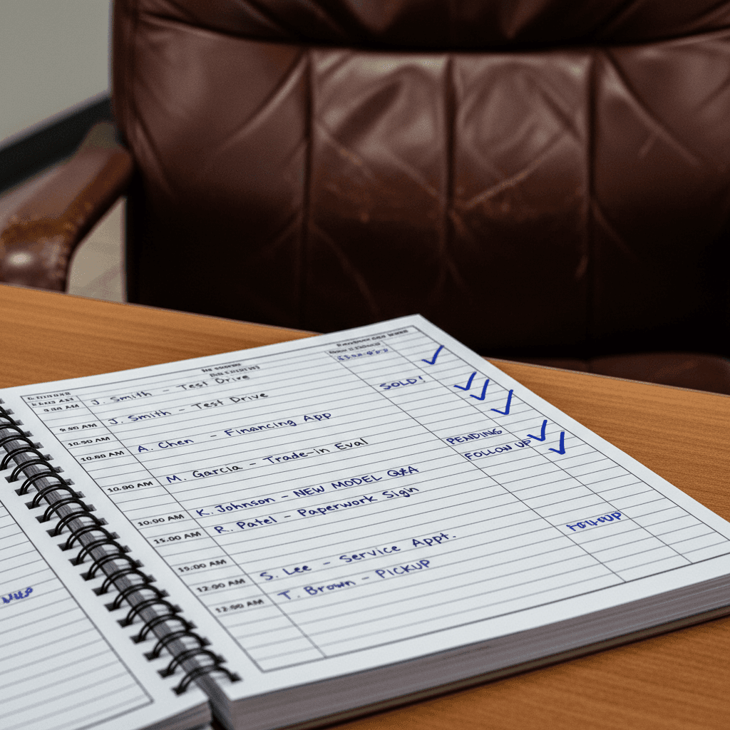 Spiral-bound activity tracker with handwritten logs on a desk