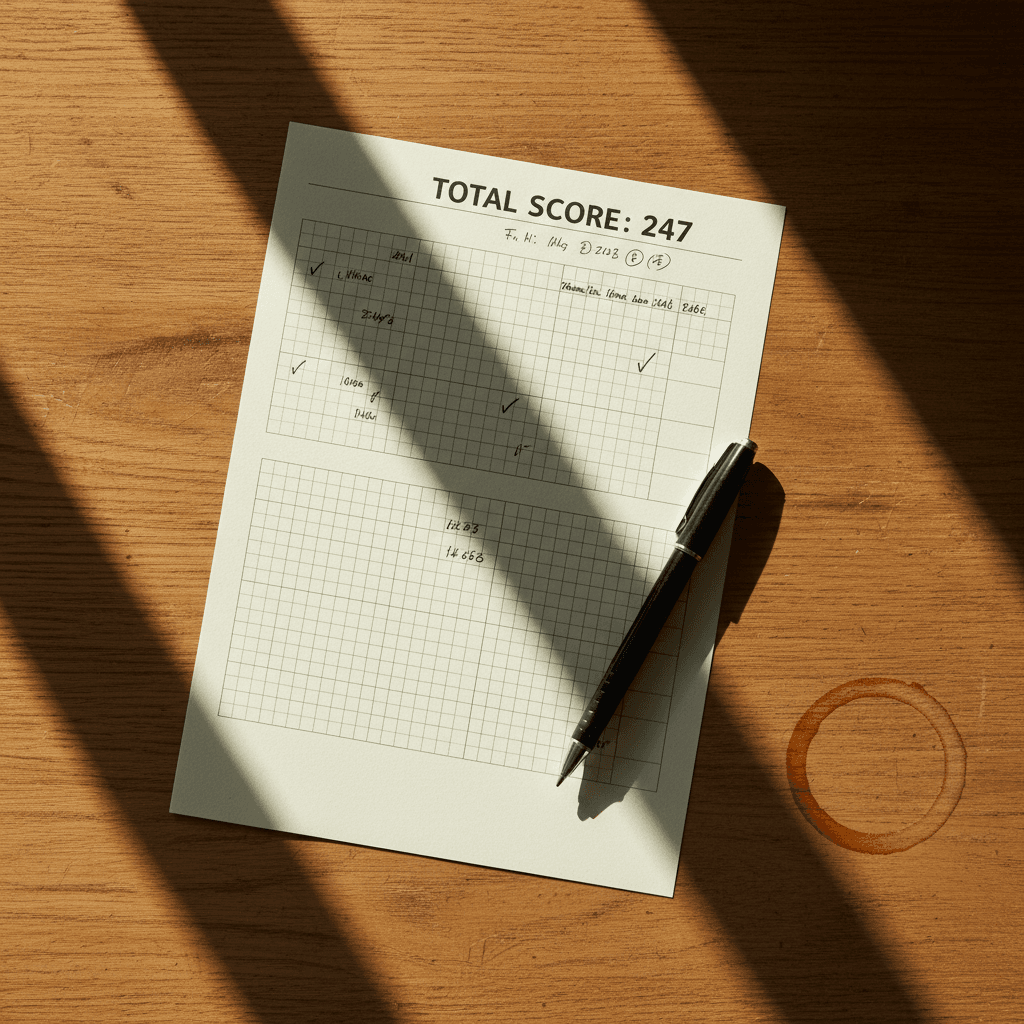 Overhead view of a printed scorecard with handwritten marks on a wooden desk
