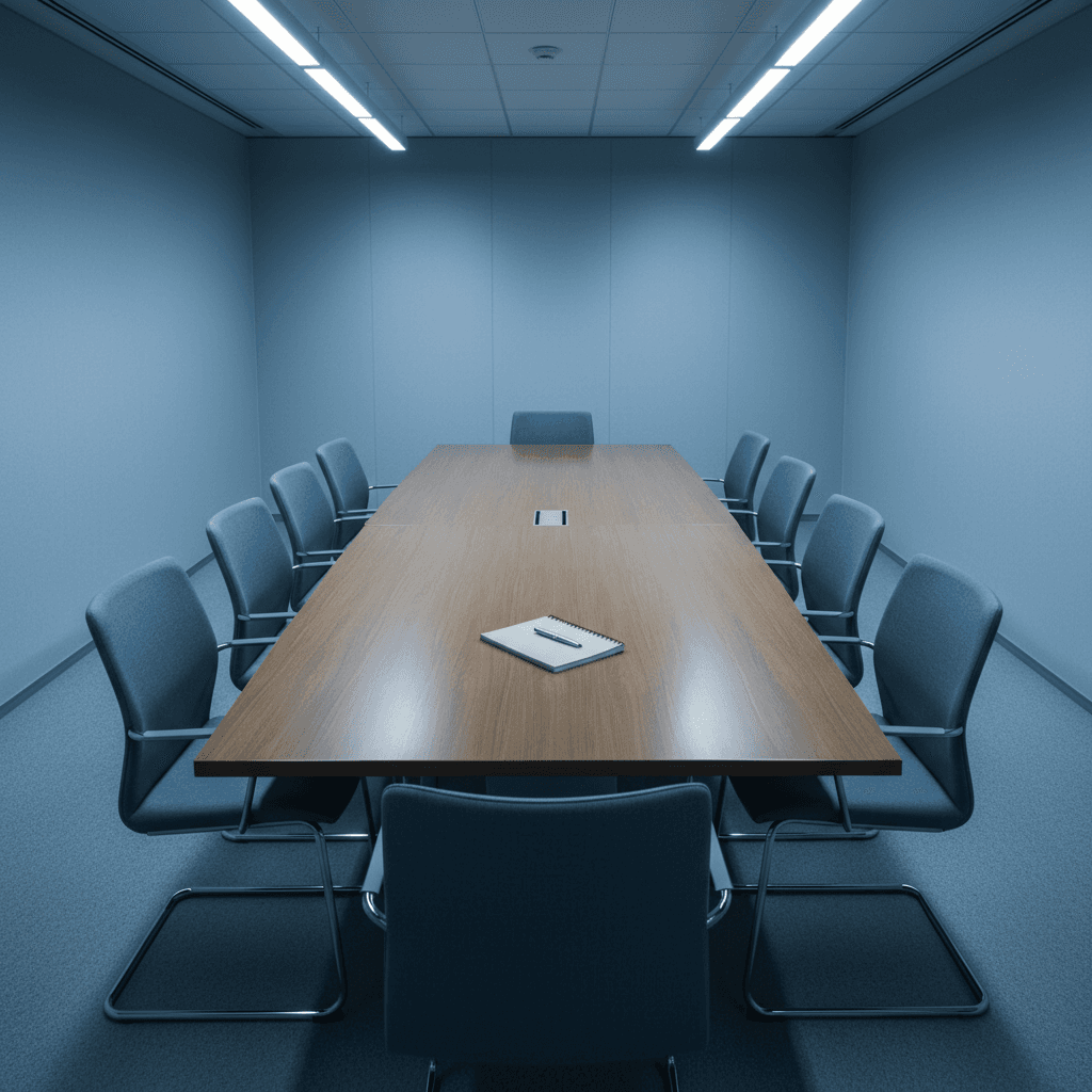 Empty meeting room with chairs pushed in and a single notebook on the table