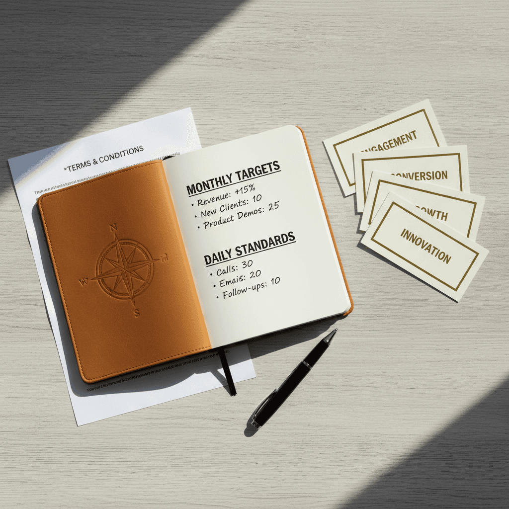Performance journal, cards, and terms document on a desk