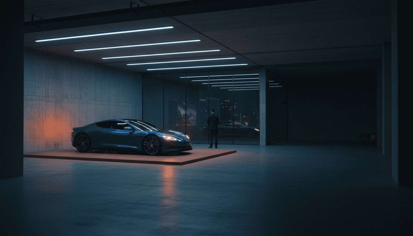 Car showroom with a single vehicle and a salesperson in the background