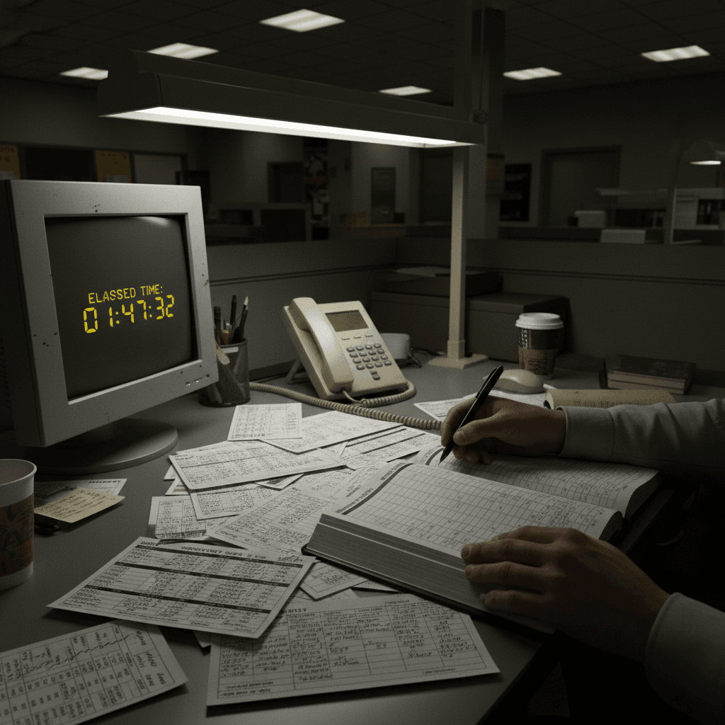 Sales desk with performance cards and a timer on a monitor