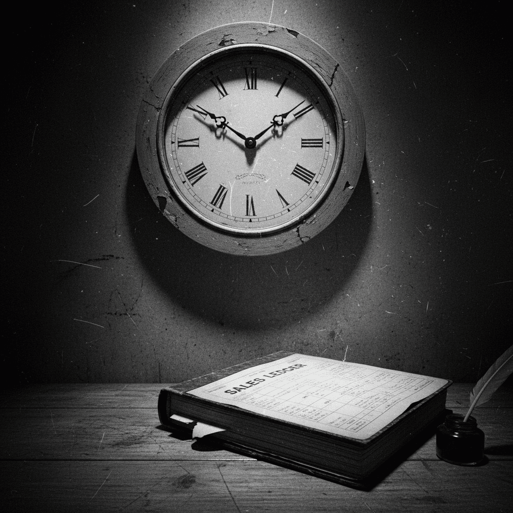 Close-up of a wall clock next to a sales journal on a desk