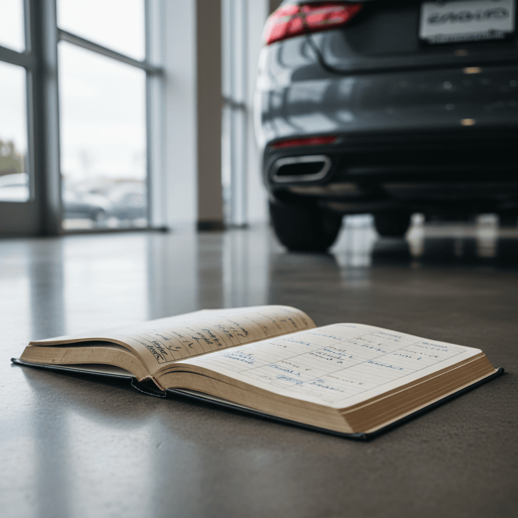 Open sales journal with handwritten entries on a showroom floor
