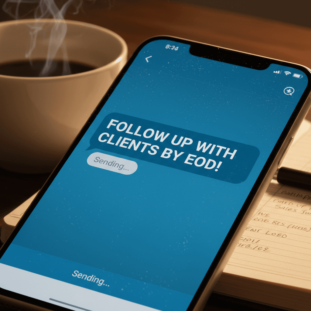 Smartphone screen with outgoing message in a sales environment