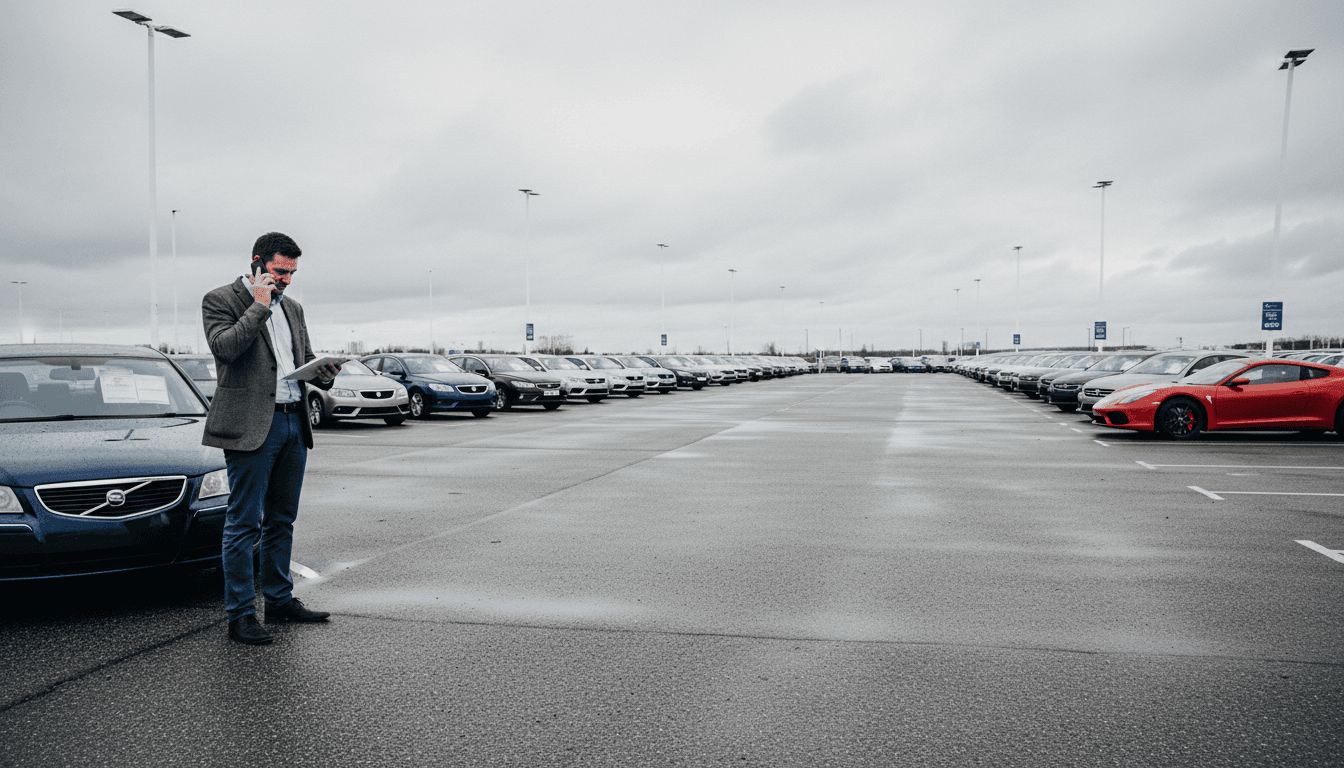 Car salesperson on a phone call beside a vehicle on a dealership forecourt
