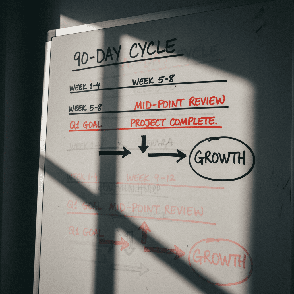 Whiteboard with hand-drawn 90-day cycle timelines and performance checkpoints