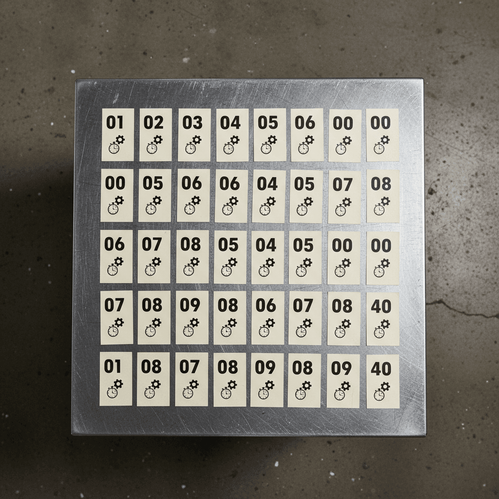 Forty performance cards arranged on a steel table with black text and icons