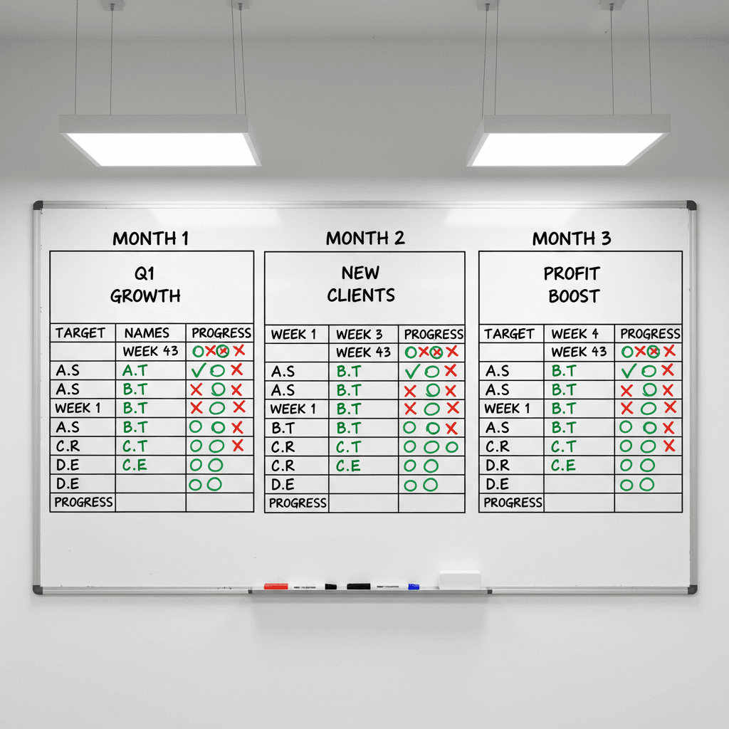 Whiteboard divided into three 30-day sections with targets and progress marks in a meeting room