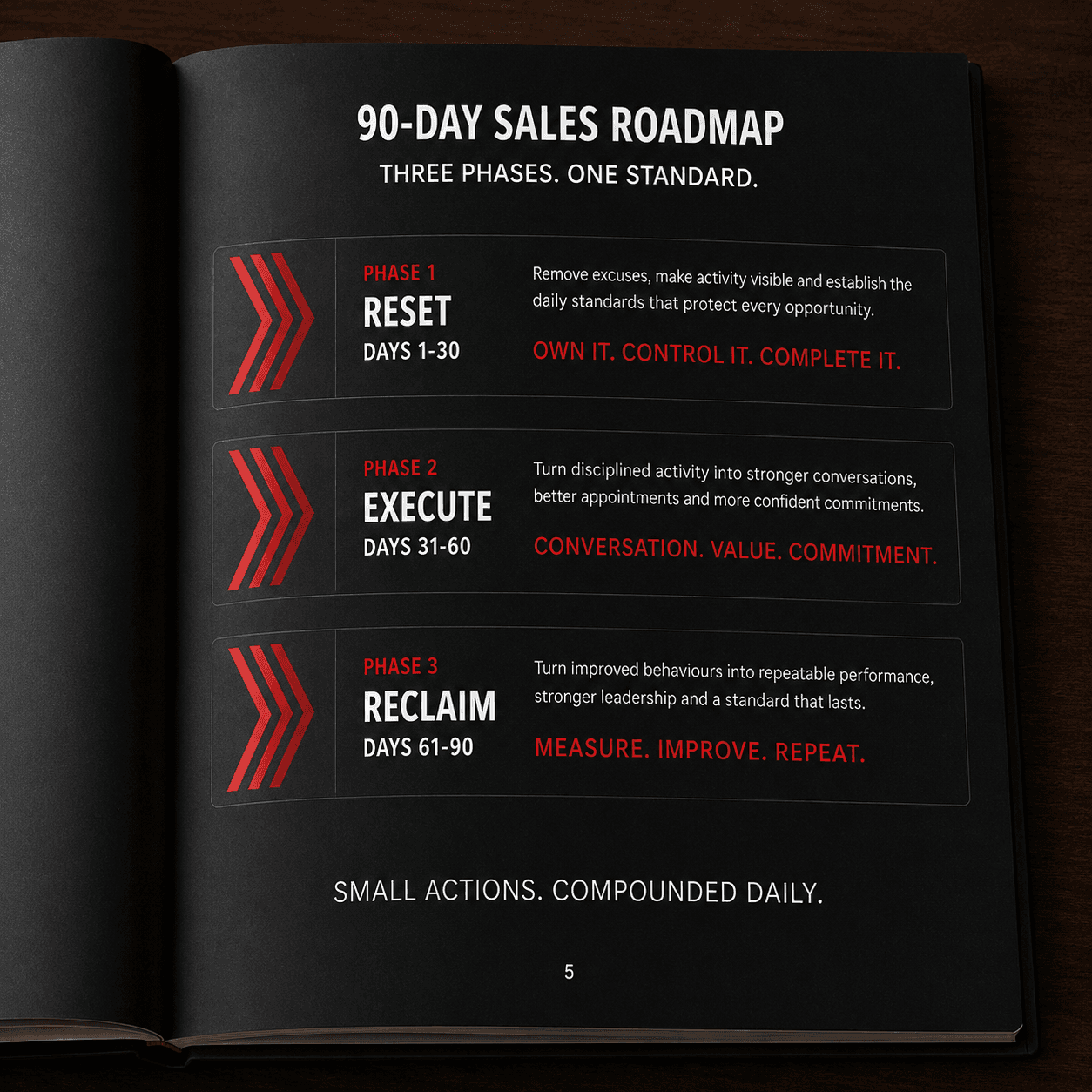 90-day sales roadmap page outlining three phases: Reset, Execute, and Reclaim with daily action steps.