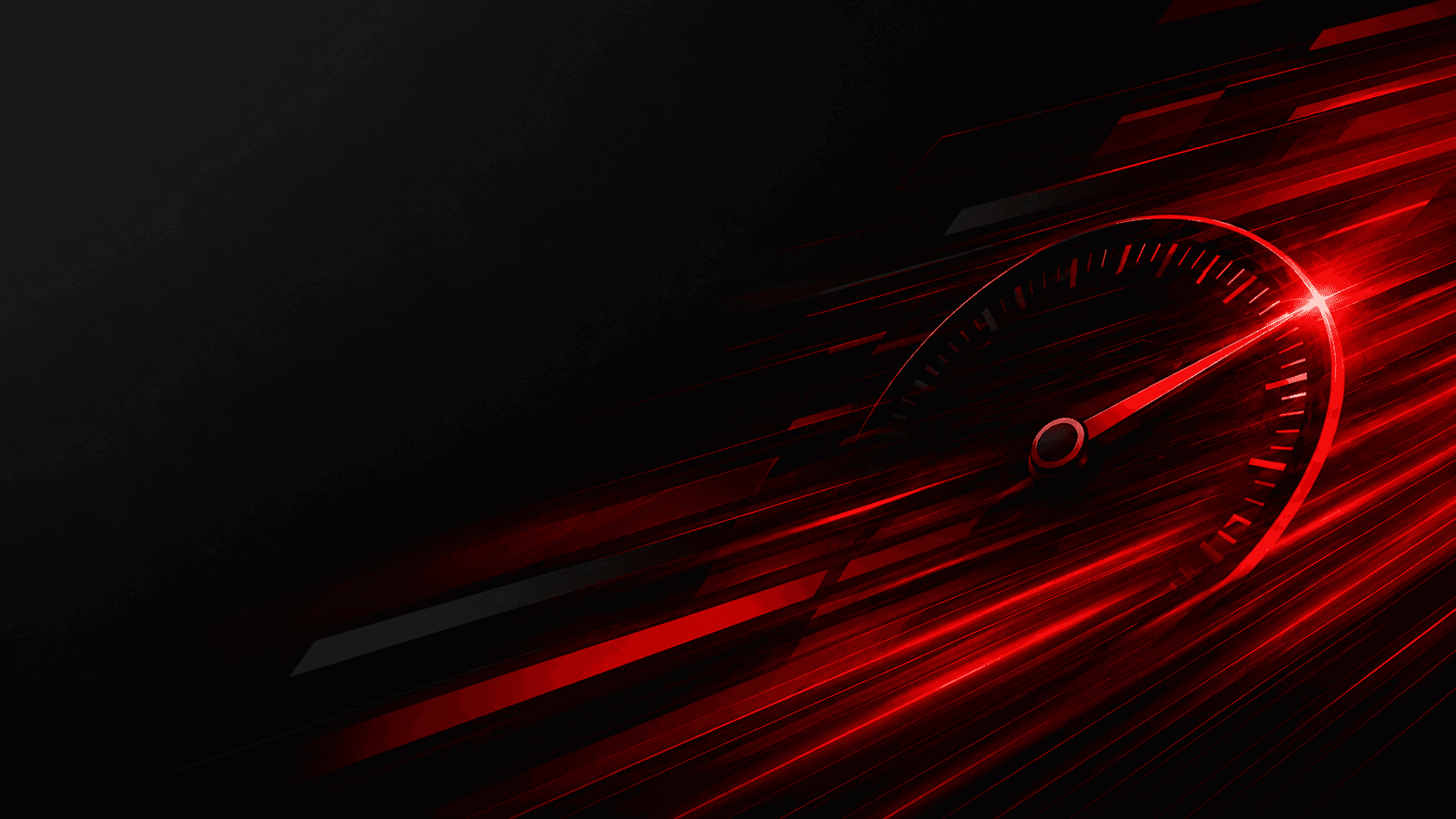 Glowing red speedometer needle with high-speed motion blur streaks on a dark background.