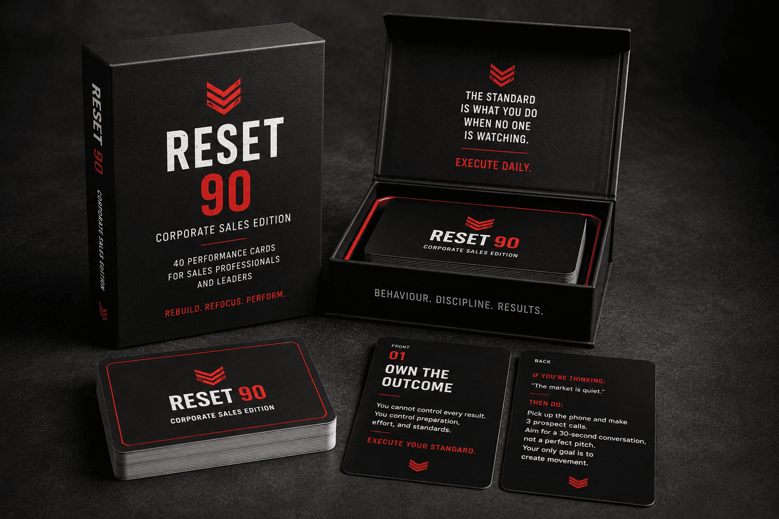 Reset 90 Corporate Sales Edition box set featuring performance cards for sales professionals.