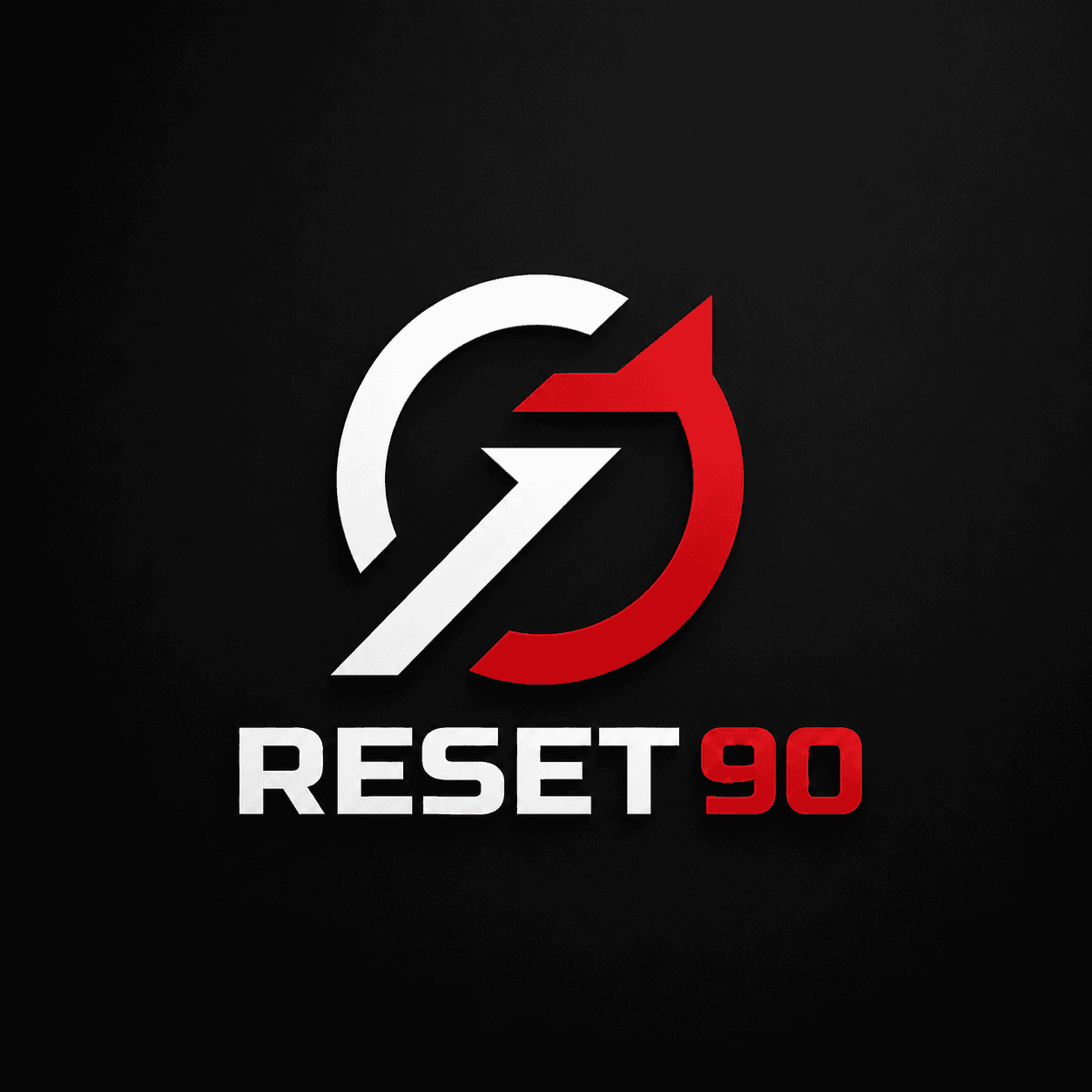 Modern white and red circular logo above the text RESET 90 on a black background.